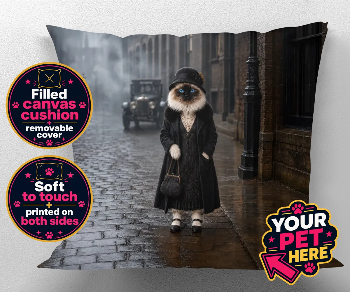 Personalised The 1920s Paw Lady cat canvas cushions featuring step into the enchanting world of the 1920s with this delightful portr