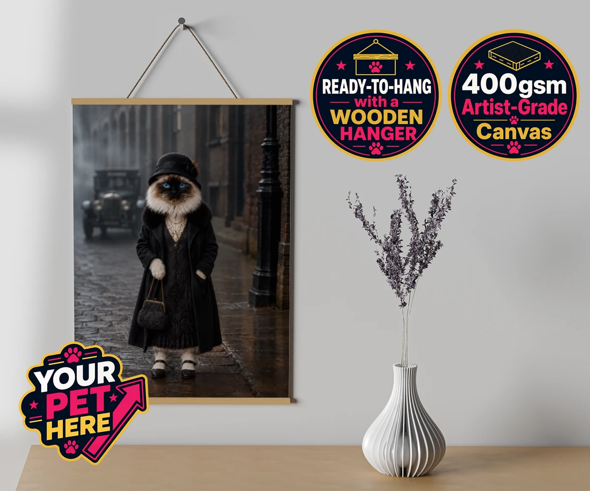 Personalised The 1920s Paw Lady cat canvas poster prints with hanger featuring step into the enchanting world of the 1920s with this delightful portr