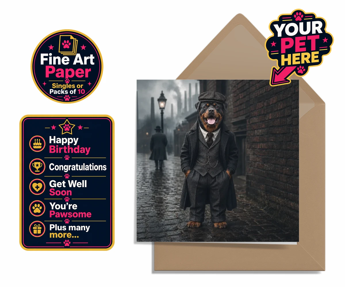 Personalised Vintage Gangster dog premium greetings cards featuring step back in time with our Vintage Gangster portrait, where your belov