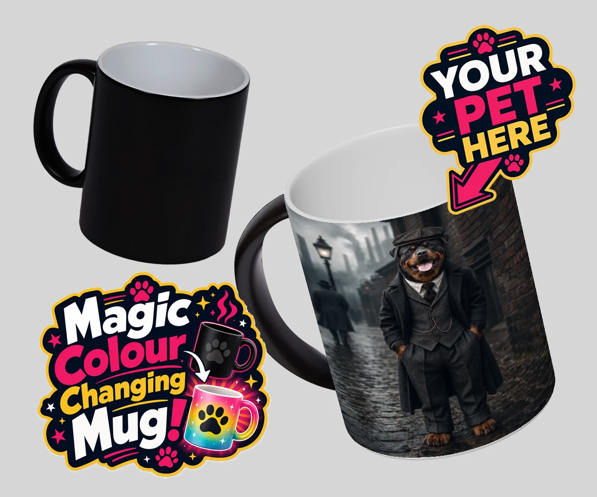 Personalised Vintage Gangster dog magic photo mugs featuring step back in time with our Vintage Gangster portrait, where your belov