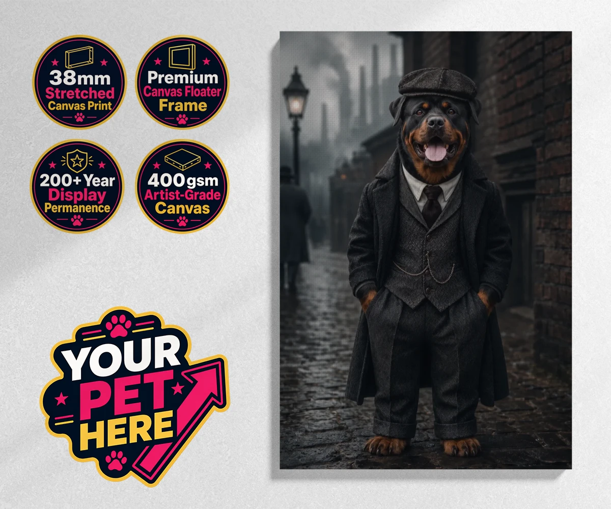Personalised Vintage Gangster dog stretched canvas print featuring step back in time with our Vintage Gangster portrait, where your belov