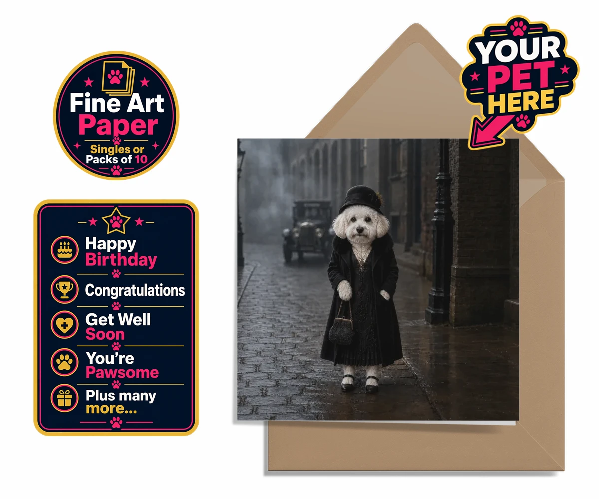 Personalised The 1920s Paw Lady dog premium greetings cards featuring step back in time with The 1920s Paw Lady, a delightful vintage portra