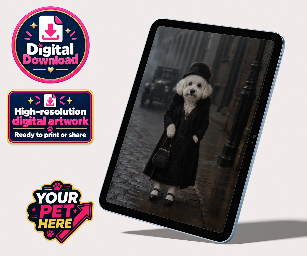 Personalised The 1920s Paw Lady dog personalised digital downloads featuring step back in time with The 1920s Paw Lady, a delightful vintage portra