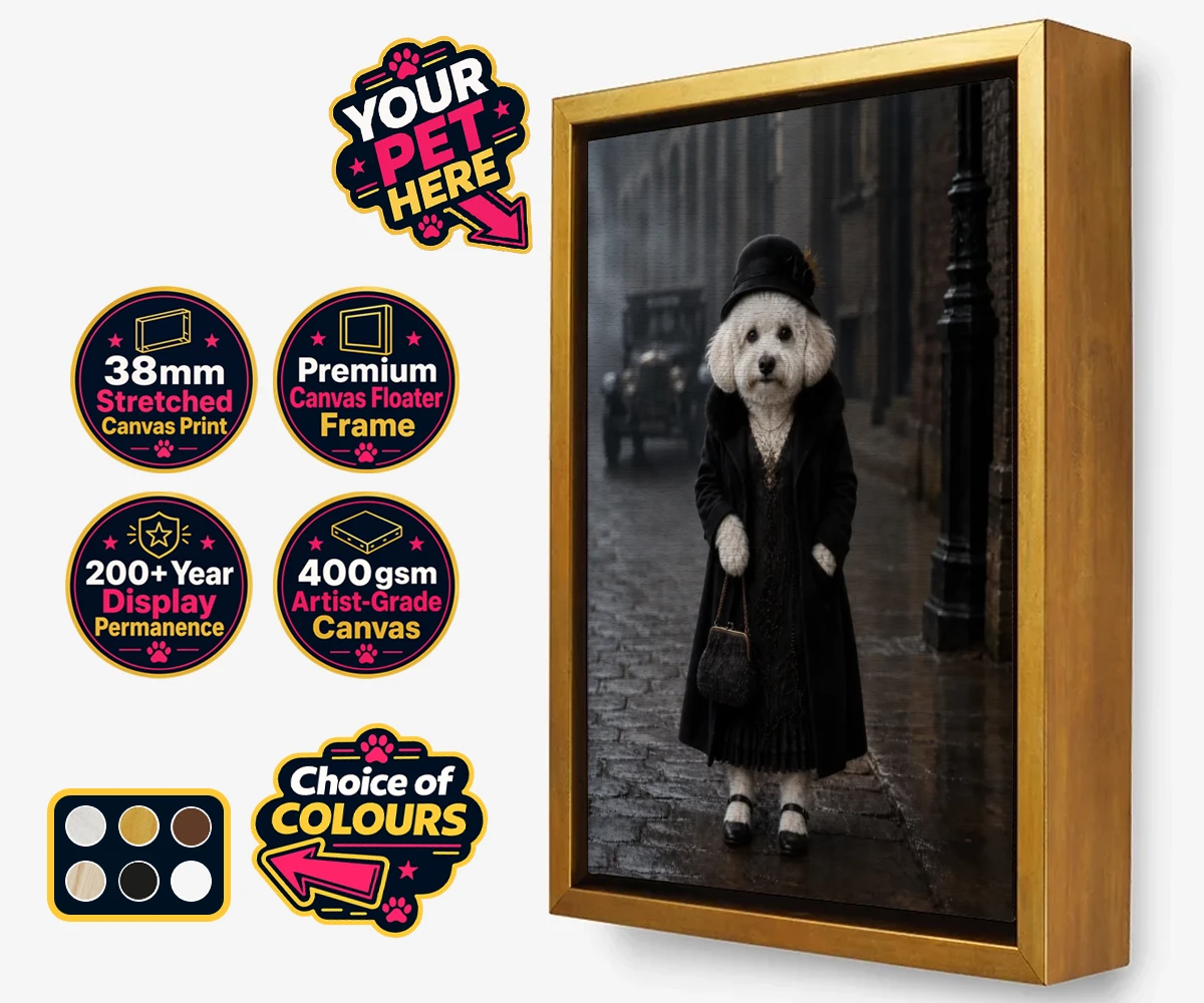 Personalised The 1920s Paw Lady dog framed canvas print featuring step back in time with The 1920s Paw Lady, a delightful vintage portra