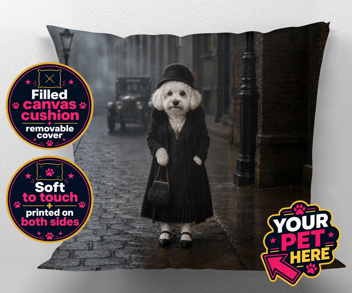 Personalised The 1920s Paw Lady dog canvas cushions featuring step back in time with The 1920s Paw Lady, a delightful vintage portra
