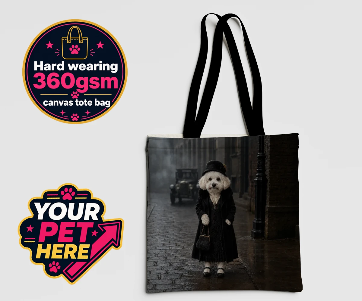 Personalised The 1920s Paw Lady dog canvas tote bags featuring step back in time with The 1920s Paw Lady, a delightful vintage portra