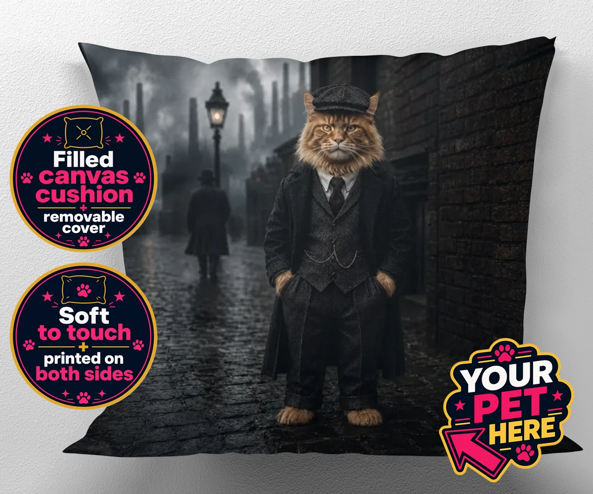 Personalised Vintage Gangster cat canvas cushions featuring step into a world of vintage charm with our Vintage Gangster cat portr
