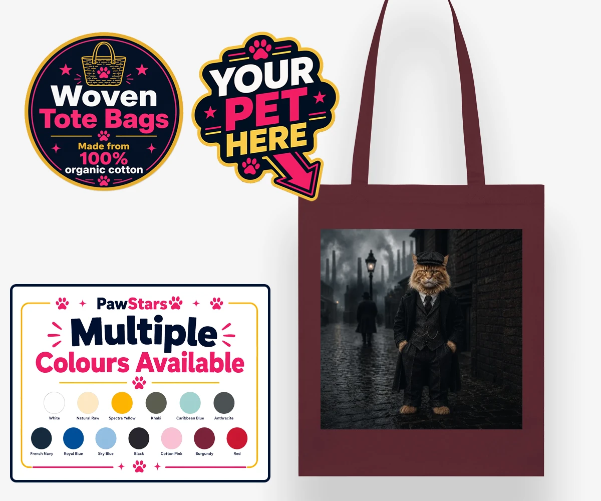 Personalised Vintage Gangster cat woven tote bags featuring step into a world of vintage charm with our Vintage Gangster cat portr
