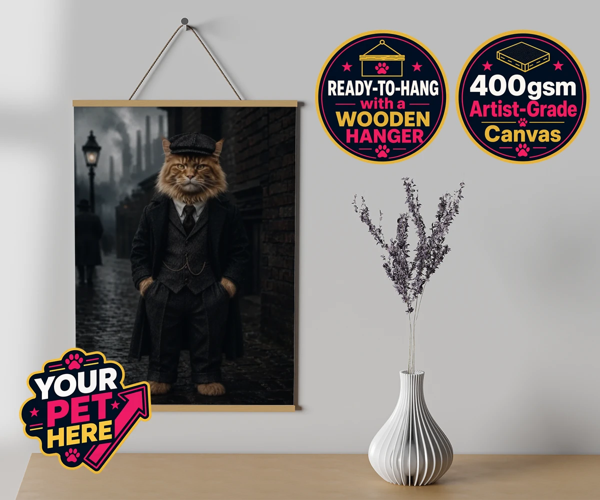 Personalised Vintage Gangster cat canvas poster prints with hanger featuring step into a world of vintage charm with our Vintage Gangster cat portr