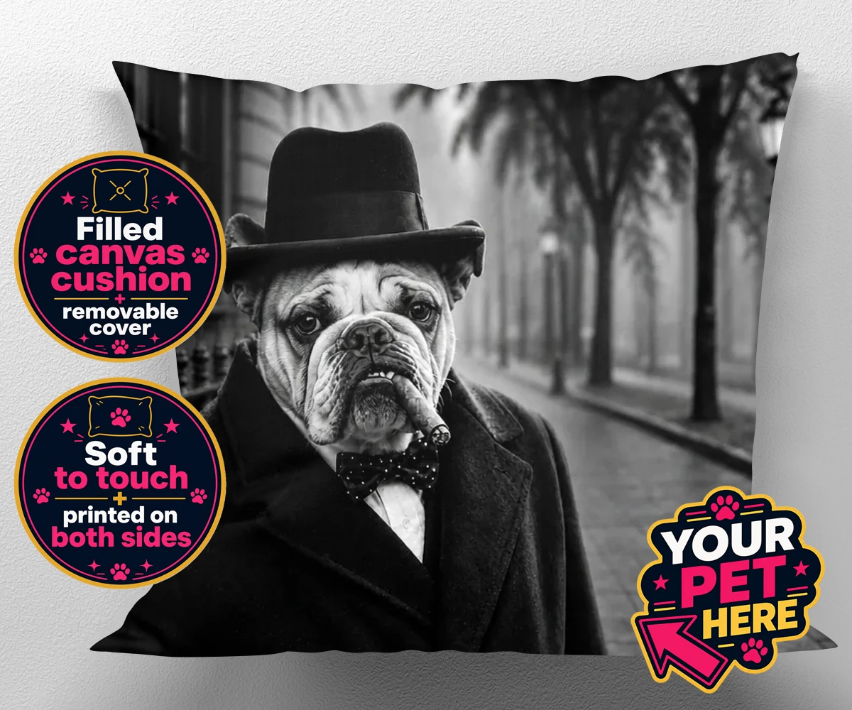 Personalised The Victory Paw Minister dog canvas cushions featuring a dapper dog with a personality as charming as his vintage attire!