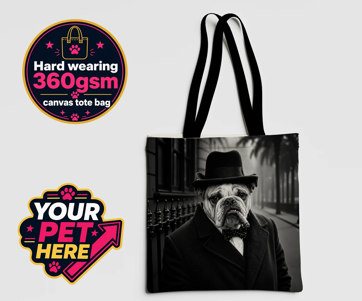 Personalised The Victory Paw Minister dog canvas tote bags featuring a dapper dog with a personality as charming as his vintage attire!