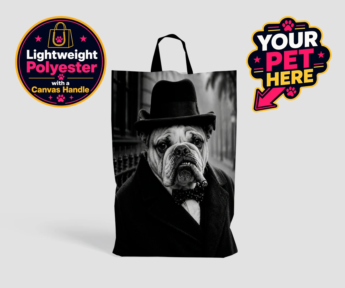 Personalised The Victory Paw Minister dog shopping bags featuring a dapper dog with a personality as charming as his vintage attire!