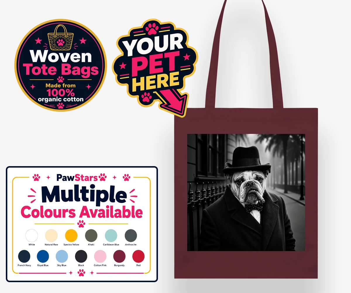 Personalised The Victory Paw Minister dog woven tote bags featuring a dapper dog with a personality as charming as his vintage attire!