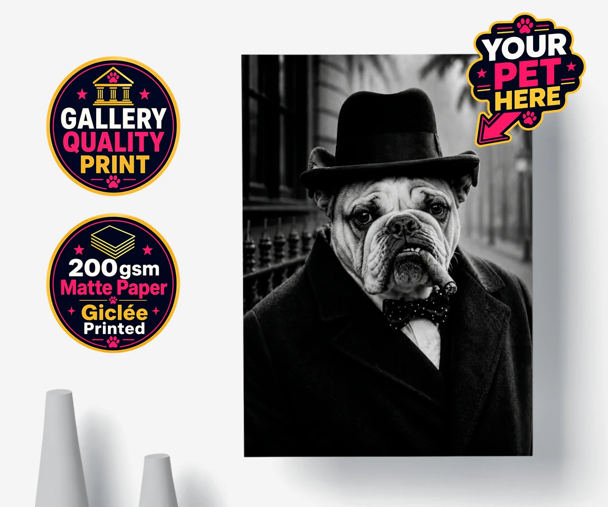 Personalised poster print of The Victory Paw Minister, a dog in a black coat and top hat with a cigar