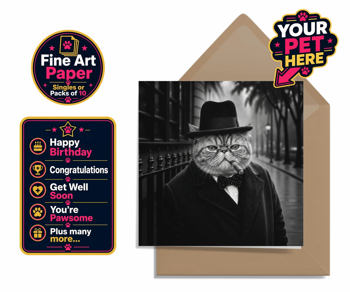 Personalised The Victory Paw Minister cat premium greetings cards featuring meet The Victory Paw Minister, where vintage charm meets feline elegan