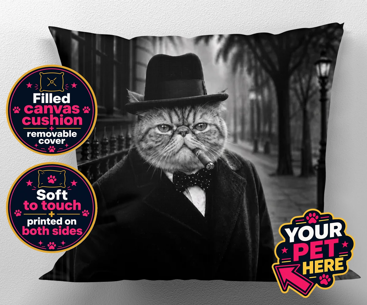 Personalised The Victory Paw Minister cat canvas cushions featuring meet The Victory Paw Minister, where vintage charm meets feline elegan