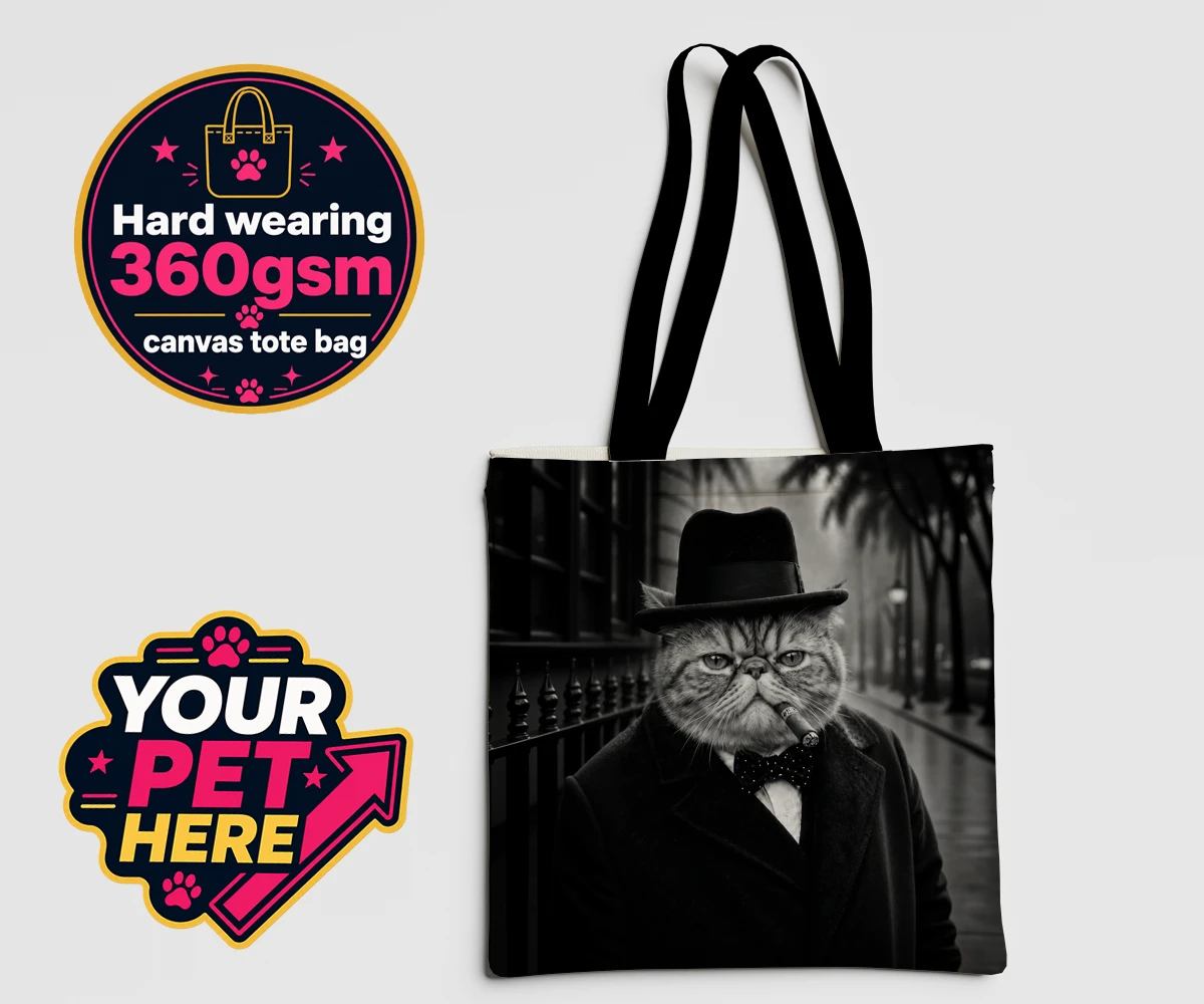 Personalised The Victory Paw Minister cat canvas tote bags featuring meet The Victory Paw Minister, where vintage charm meets feline elegan