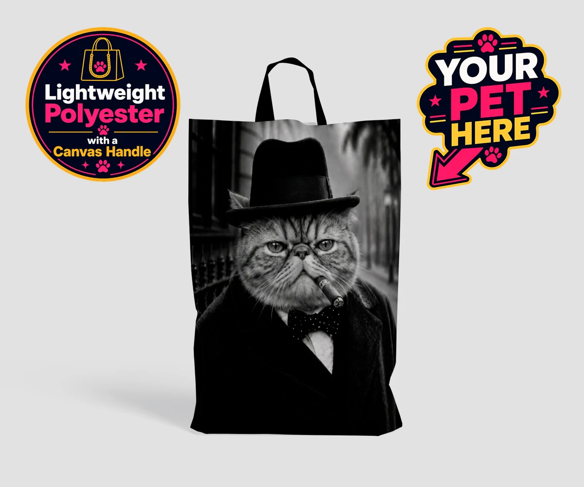Personalised The Victory Paw Minister cat shopping bags featuring meet The Victory Paw Minister, where vintage charm meets feline elegan