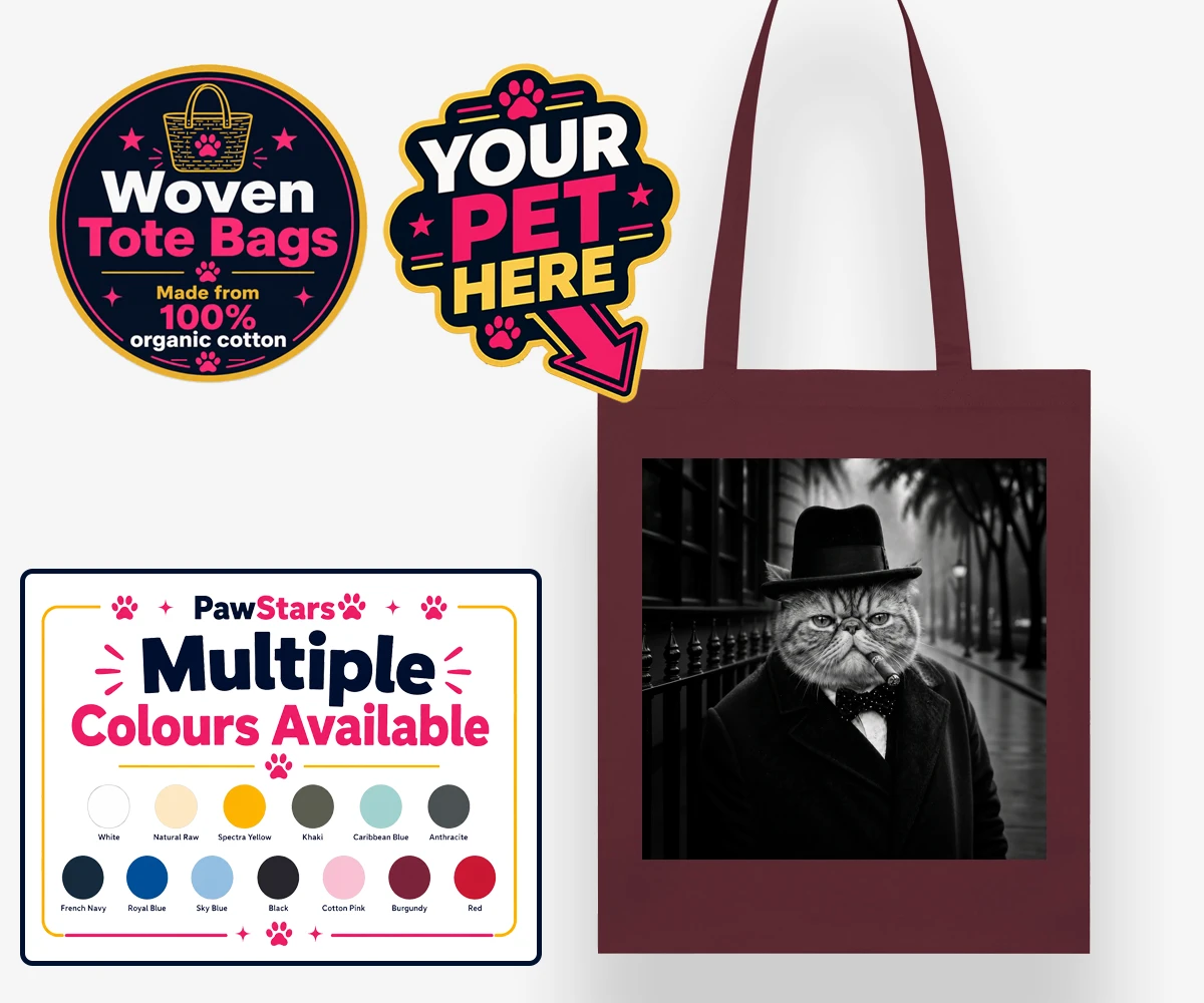 Personalised The Victory Paw Minister cat woven tote bags featuring meet The Victory Paw Minister, where vintage charm meets feline elegan