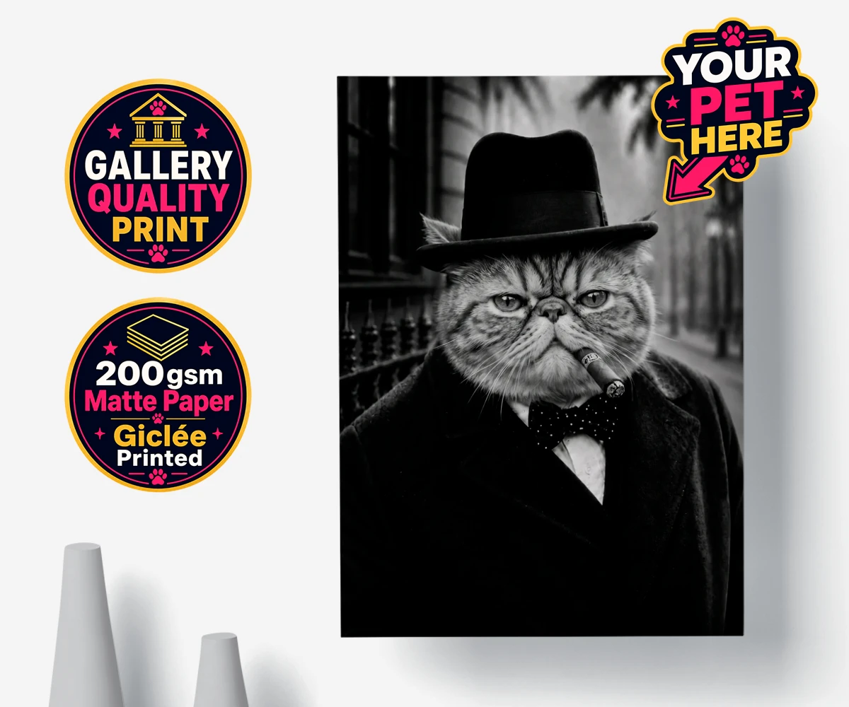 Personalised poster print of The Victory Paw Minister cat, wearing a black coat and felt hat against a vintage cobblestone street backdrop.