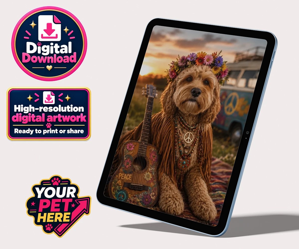 Personalised digital portrait of Peace, Love & Paws dog, featuring flower crown and fringe costume against a sunset