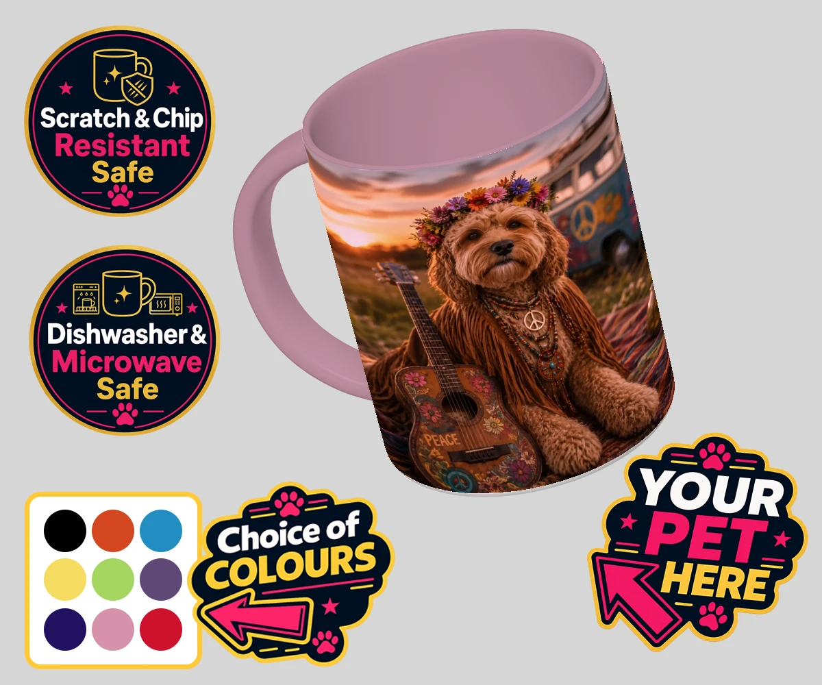 Personalised Peace, Love & Paws dog coloured photo mugs featuring imagine your beloved pooch transformed into a groovy icon of the vinta