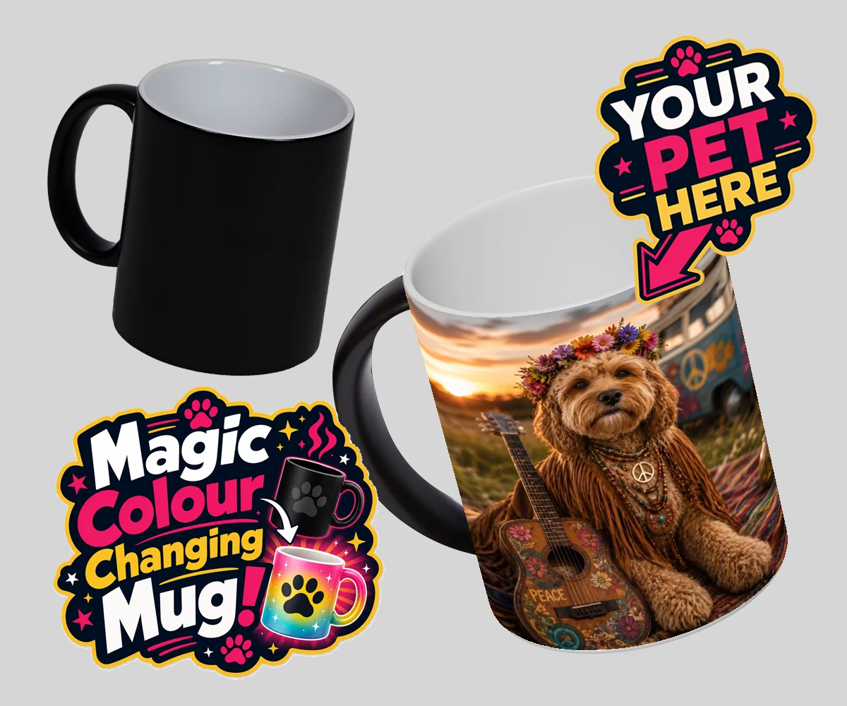 Personalised Peace, Love & Paws dog magic photo mugs featuring imagine your beloved pooch transformed into a groovy icon of the vinta