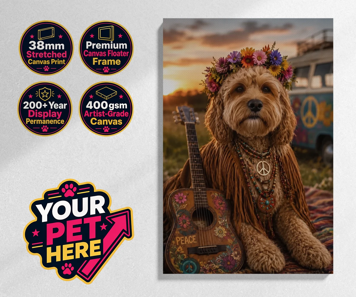 Personalised Peace, Love & Paws dog stretched canvas print featuring imagine your beloved pooch transformed into a groovy icon of the vinta