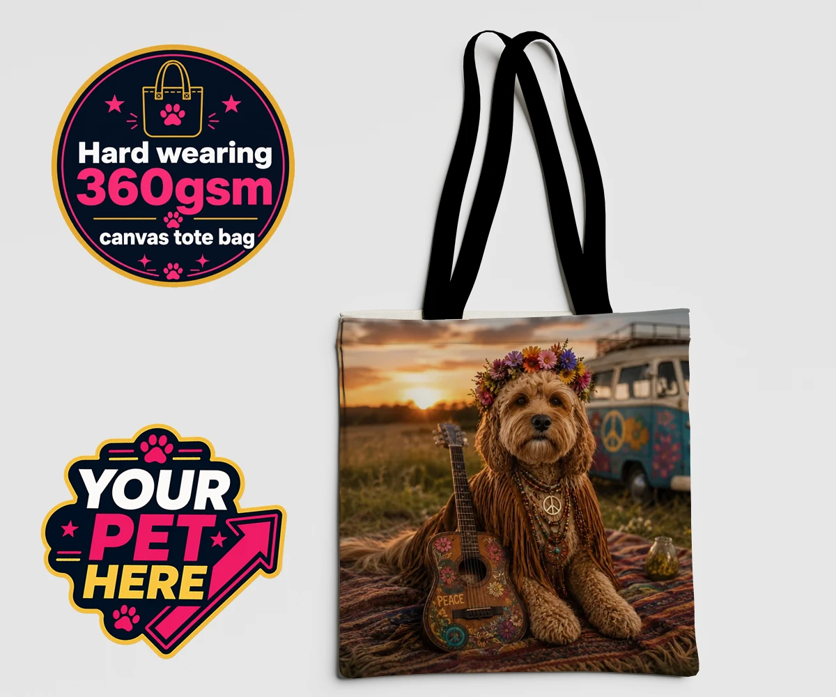 Personalised Peace, Love & Paws dog canvas tote bags featuring imagine your beloved pooch transformed into a groovy icon of the vinta