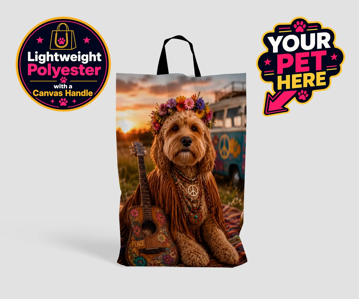 Personalised Peace, Love & Paws dog shopping bags featuring imagine your beloved pooch transformed into a groovy icon of the vinta