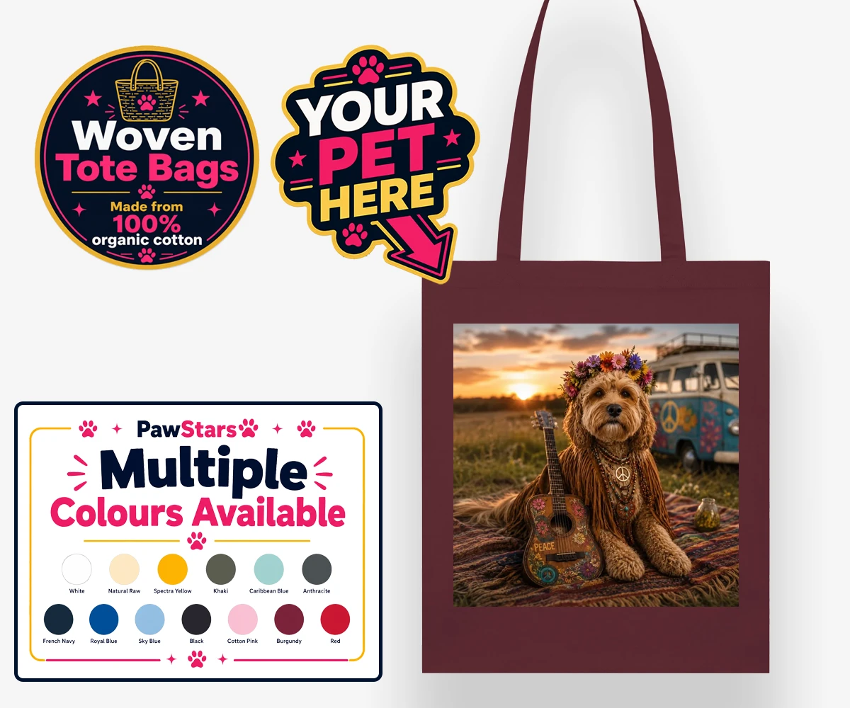 Personalised Peace, Love & Paws dog woven tote bags featuring imagine your beloved pooch transformed into a groovy icon of the vinta