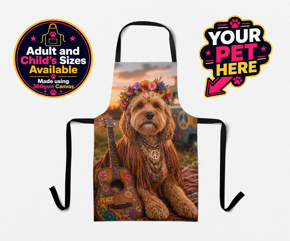 Personalised Peace, Love & Paws dog aprons featuring imagine your beloved pooch transformed into a groovy icon of the vinta