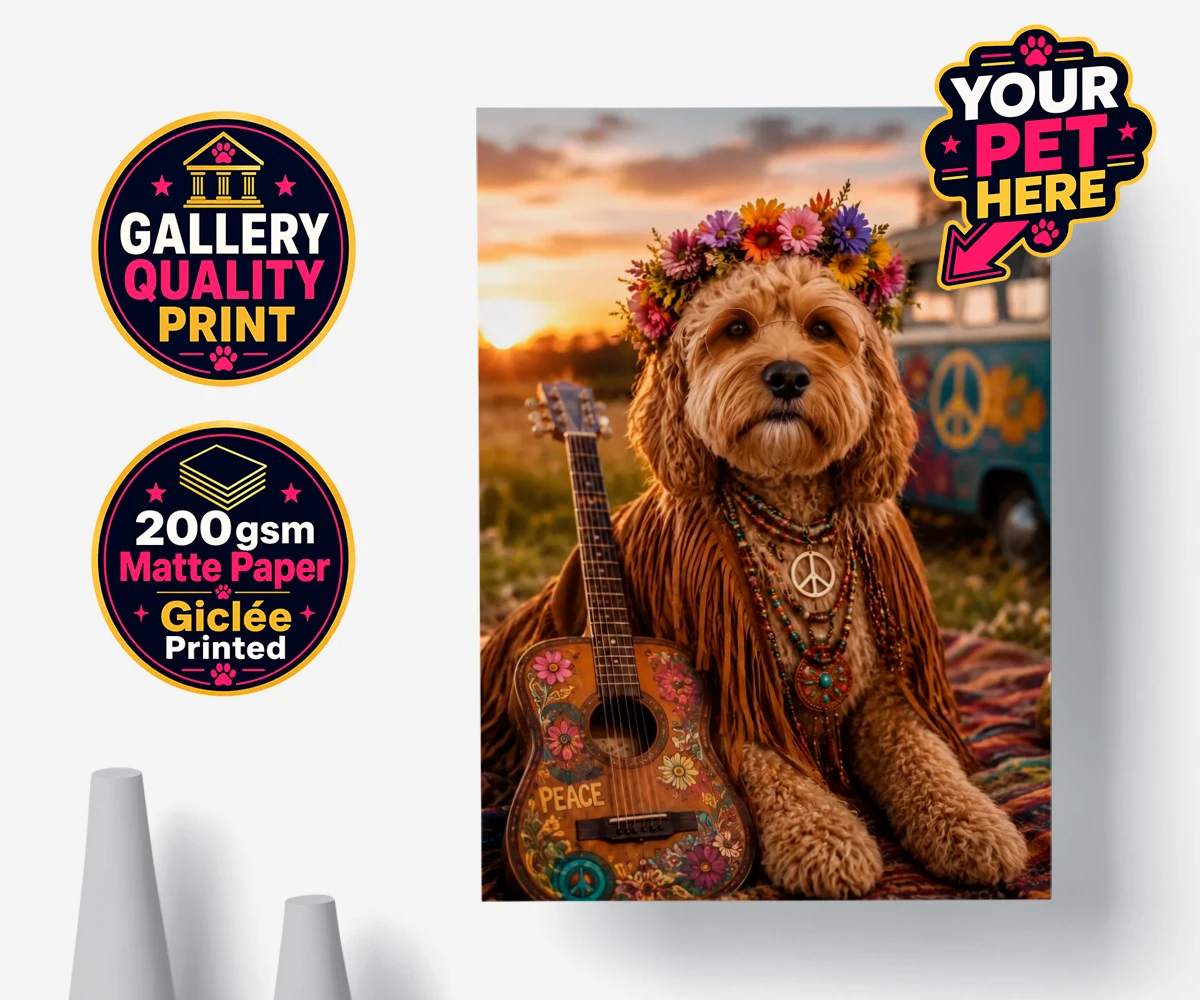 Personalised poster print of Peace, Love & Paws dog in fringe costume with flower crown
