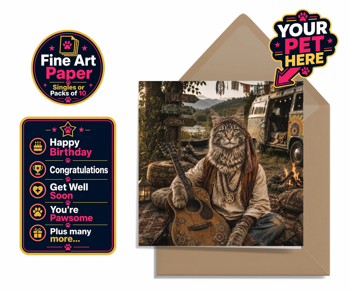 Personalised The Free-Spirit Paw cat premium greetings cards featuring unleash the enchantment of The Free-Spirit Paw, where your beloved fel