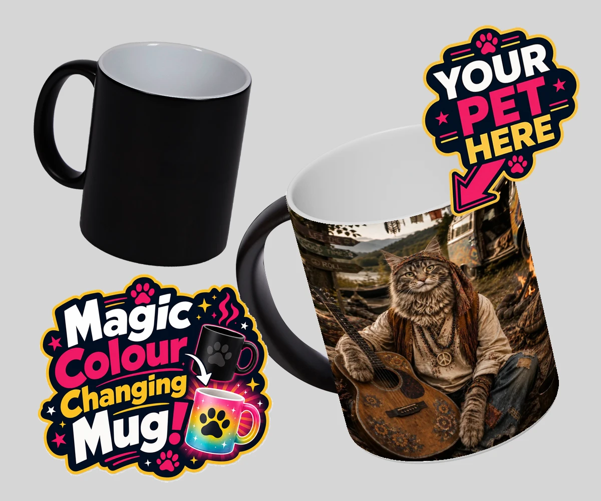 Personalised The Free-Spirit Paw cat magic photo mugs featuring unleash the enchantment of The Free-Spirit Paw, where your beloved fel
