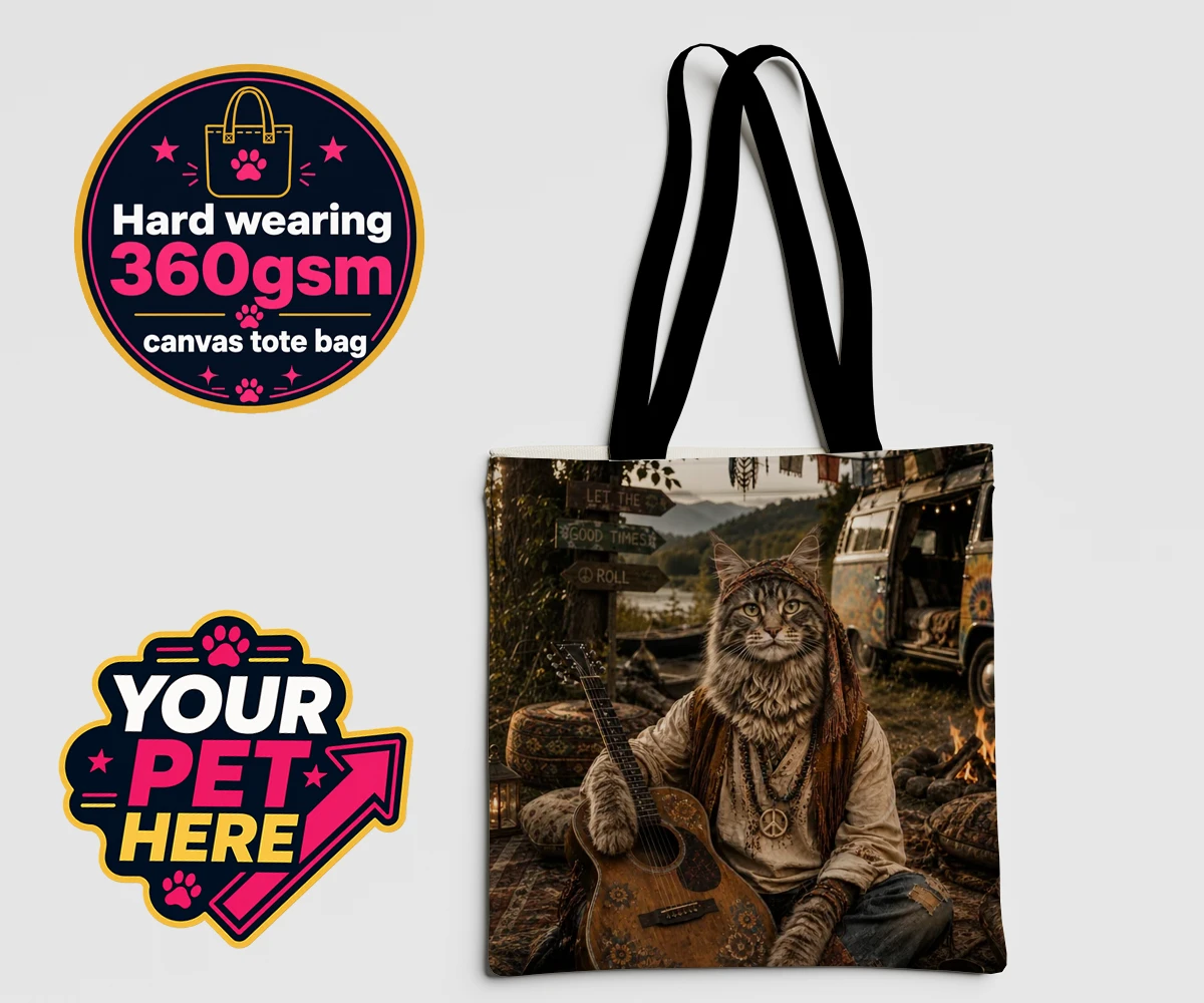 Personalised The Free-Spirit Paw cat canvas tote bags featuring unleash the enchantment of The Free-Spirit Paw, where your beloved fel