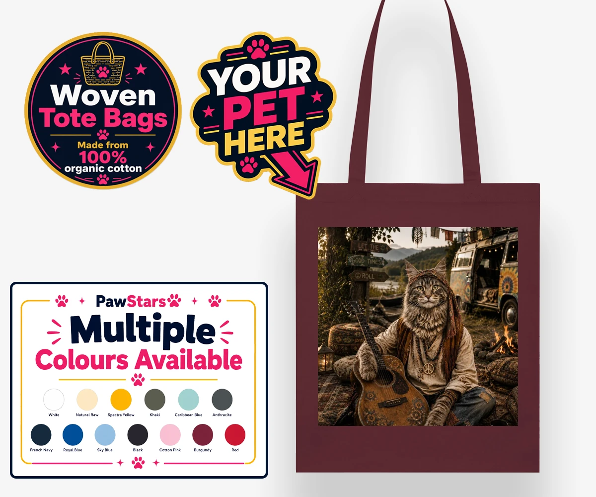 Personalised The Free-Spirit Paw cat woven tote bags featuring unleash the enchantment of The Free-Spirit Paw, where your beloved fel