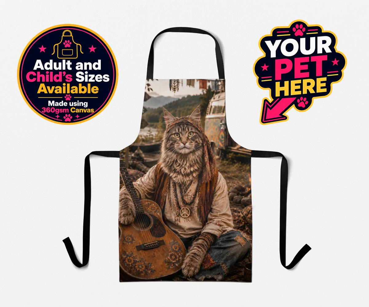 Personalised The Free-Spirit Paw cat aprons featuring unleash the enchantment of The Free-Spirit Paw, where your beloved fel