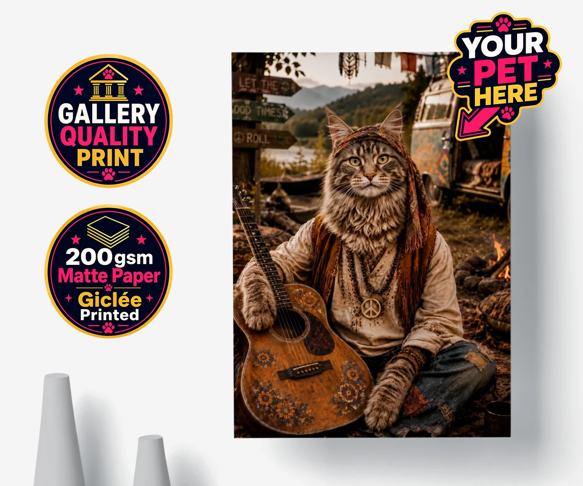 Personalised The Free-Spirit Paw cat poster print featuring a bohemian cat by a campfire.