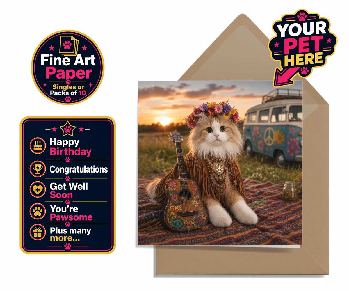 Personalised Peace, Love & Paws cat premium greetings cards featuring meet Peace, Love & Paws, the charming cat character that effortlessly