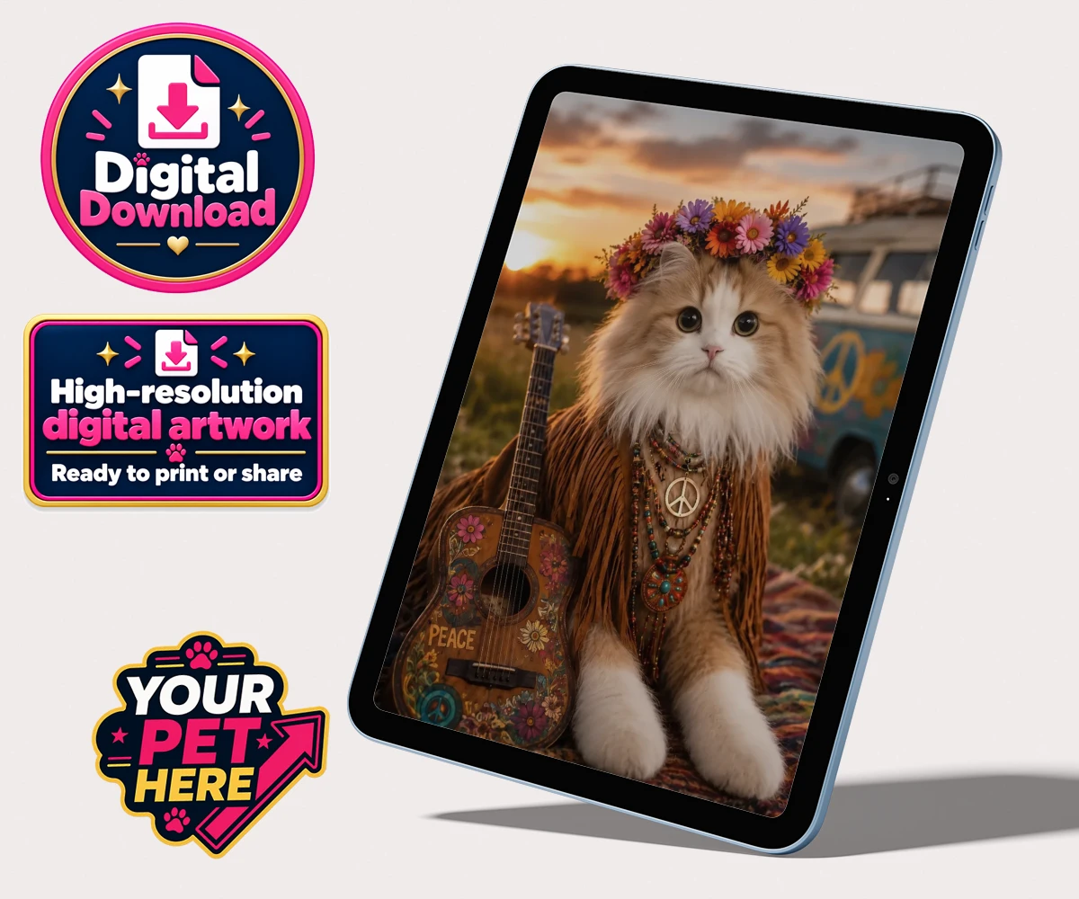 Personalised Peace, Love & Paws cat portrait, featuring a vintage-inspired design with floral accessories and a sunset background.