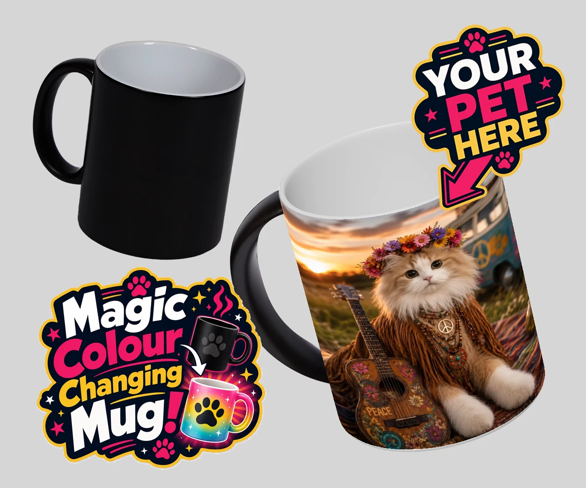 Personalised Peace, Love & Paws cat magic photo mugs featuring meet Peace, Love & Paws, the charming cat character that effortlessly