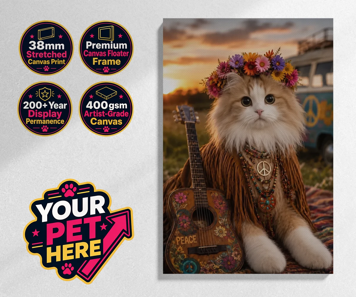 Personalised Peace, Love & Paws cat stretched canvas print featuring meet Peace, Love & Paws, the charming cat character that effortlessly