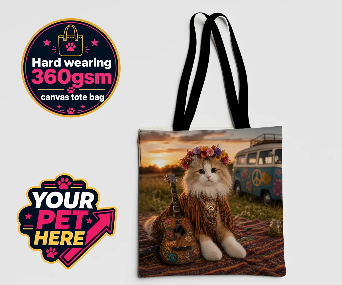 Personalised Peace, Love & Paws cat canvas tote bags featuring meet Peace, Love & Paws, the charming cat character that effortlessly