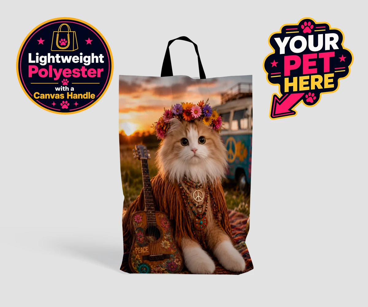 Personalised Peace, Love & Paws cat shopping bags featuring meet Peace, Love & Paws, the charming cat character that effortlessly