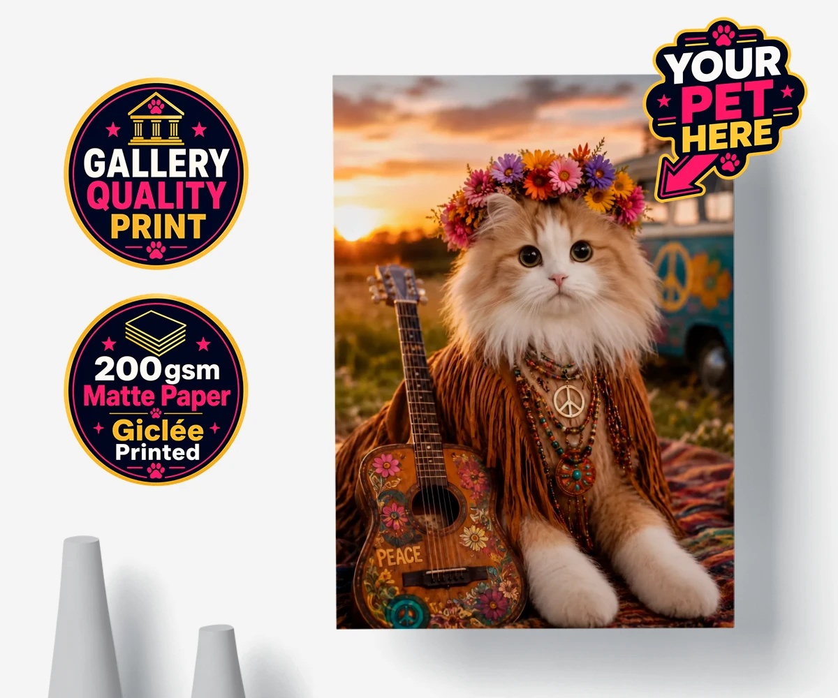 Personalised poster print of Peace, Love & Paws cat in bohemian attire with floral necklace and flower crown