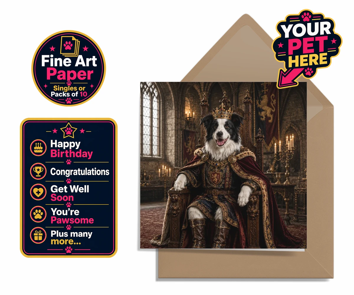 Personalised The Medieval Paw King dog premium greetings cards featuring step into a realm of timeless grandeur with our delightful Medieval Pa