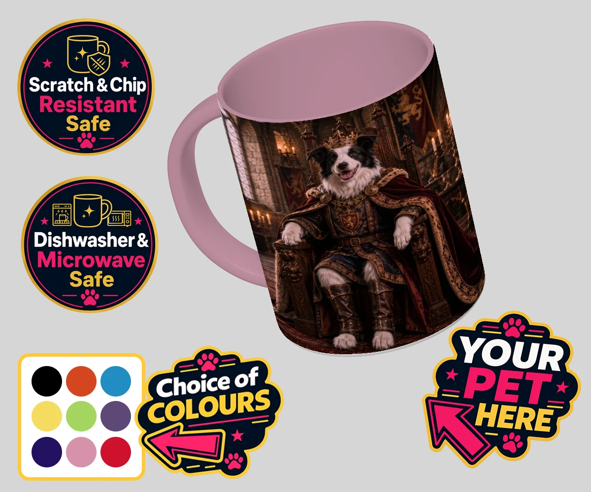 Personalised The Medieval Paw King dog coloured photo mugs featuring step into a realm of timeless grandeur with our delightful Medieval Pa