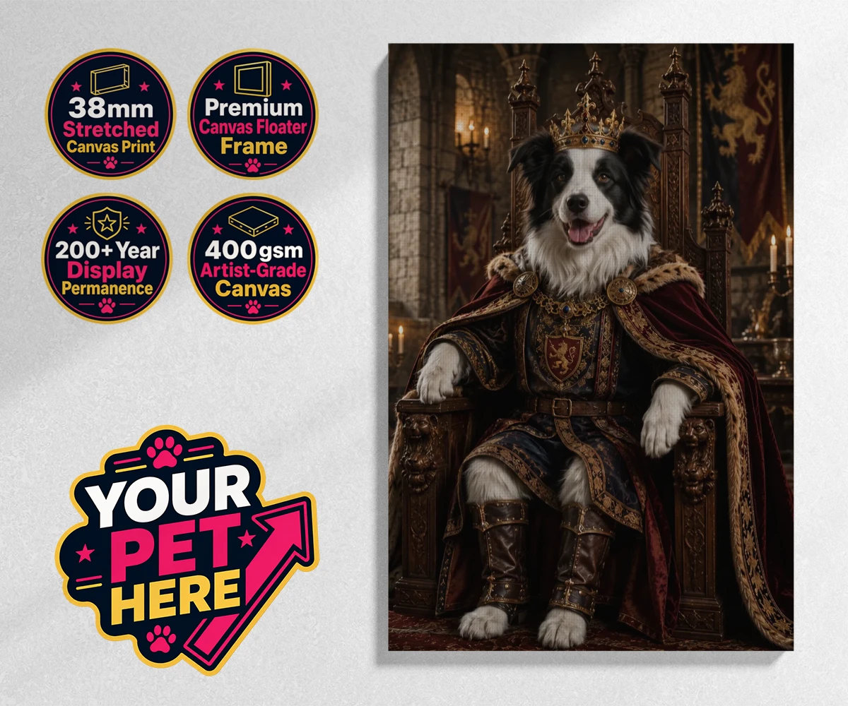 Personalised The Medieval Paw King dog stretched canvas print featuring step into a realm of timeless grandeur with our delightful Medieval Pa