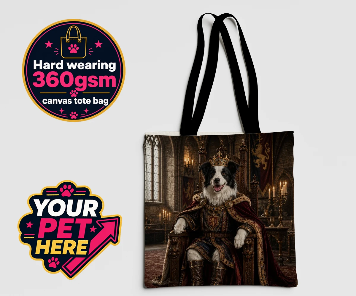Personalised The Medieval Paw King dog canvas tote bags featuring step into a realm of timeless grandeur with our delightful Medieval Pa
